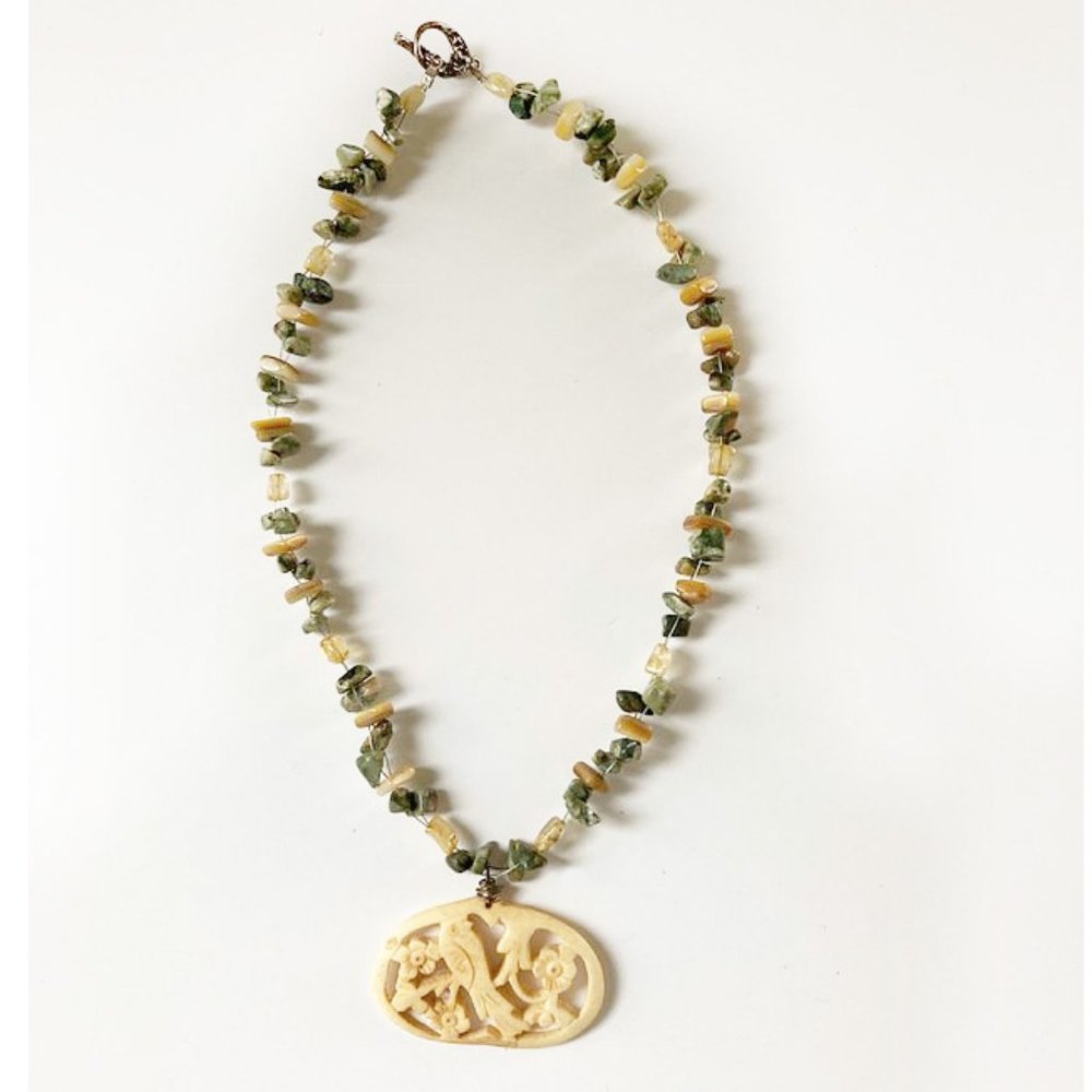 One Of A Kind Hand Carved Folk Art Wood Bead Stone Necklace